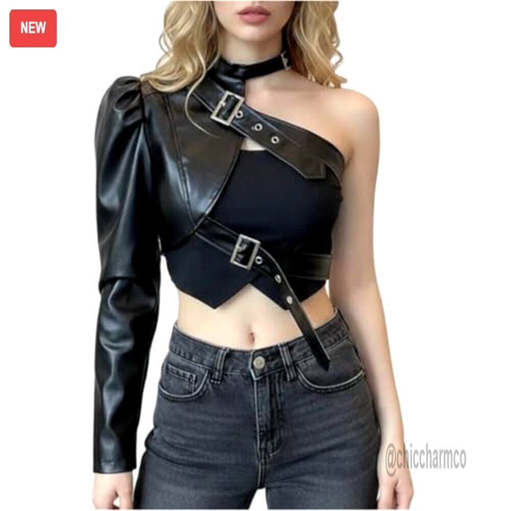 One Shoulder Motorcycle Leather Jacket Halter Buckle Chic Nightout Party Tops - Picture 2 of 6